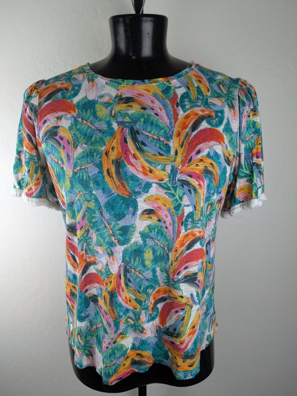 Chico's 100% Linen Tropical Print Short Sleeve T-shirt Fringe